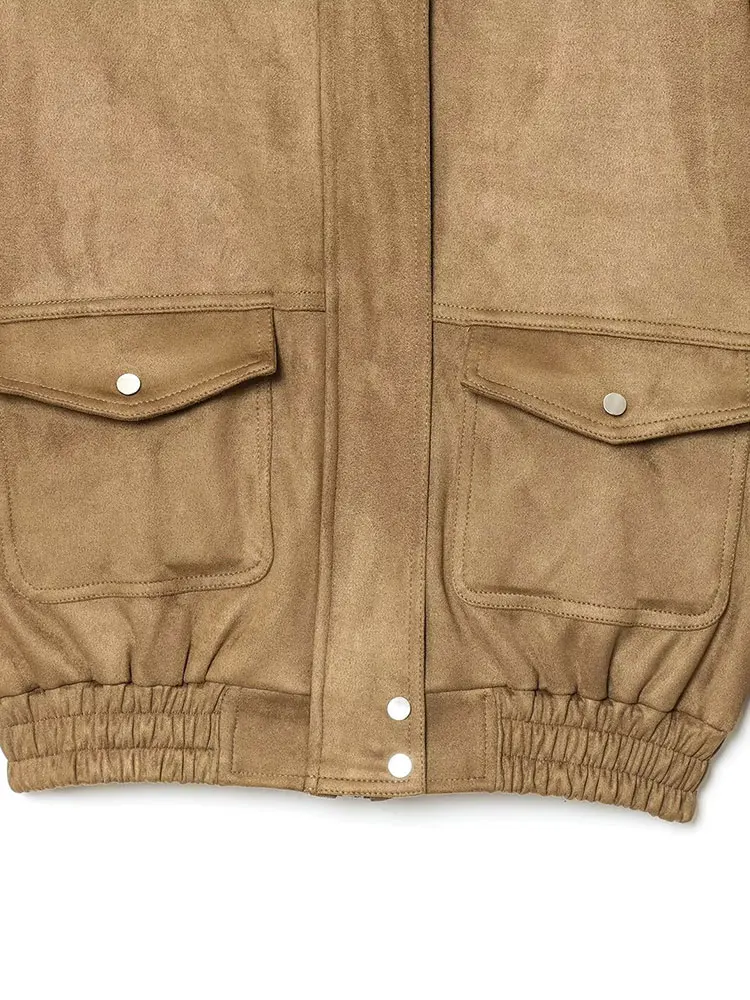 

NLGZMJS Pocket Zipper Jacket Chic Casual Solid Short Coat Suede Long Sleeve Women's Jacket Street Style New In Outwears