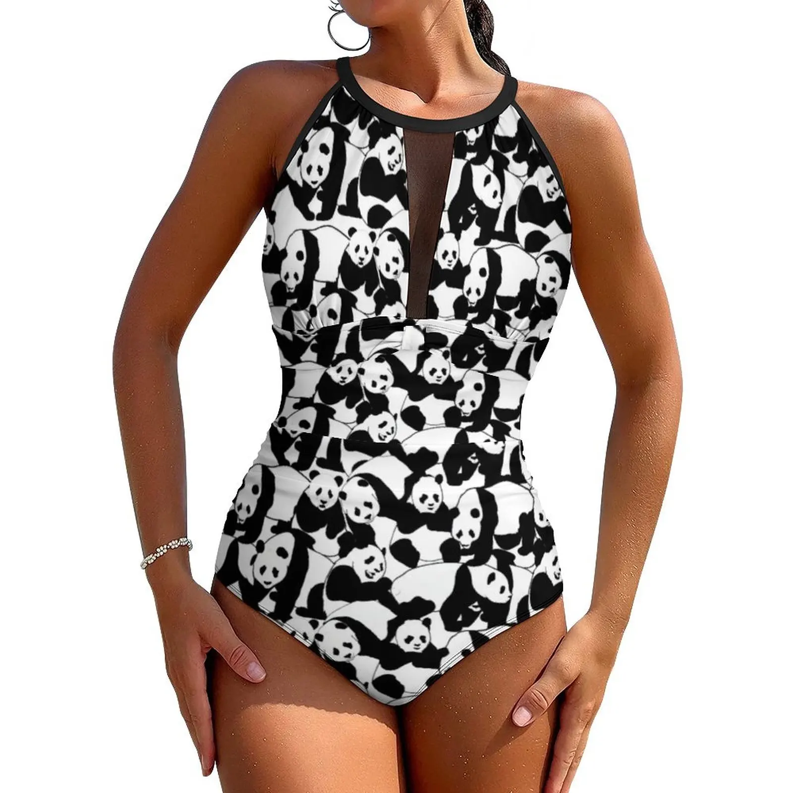 

Chinese Panda Swimsuit Sexy Black And White Women Swimwear One Piece Kawaii Bodysuit Holiday Rave Push Up Mesh Beachwear