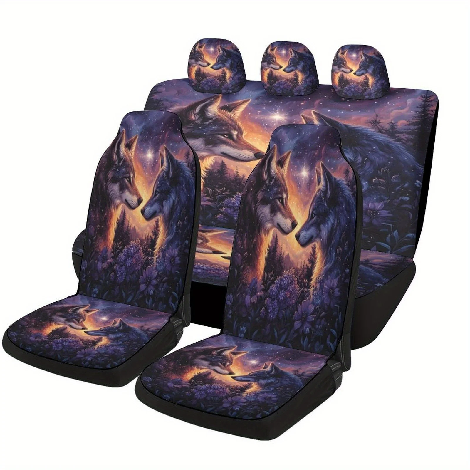 Wolf Night Bloom Designed Car Seat Cover Set For Most Cars, Fashion Comfortable Car Seat Protector Covers Full Set, Universal Ca