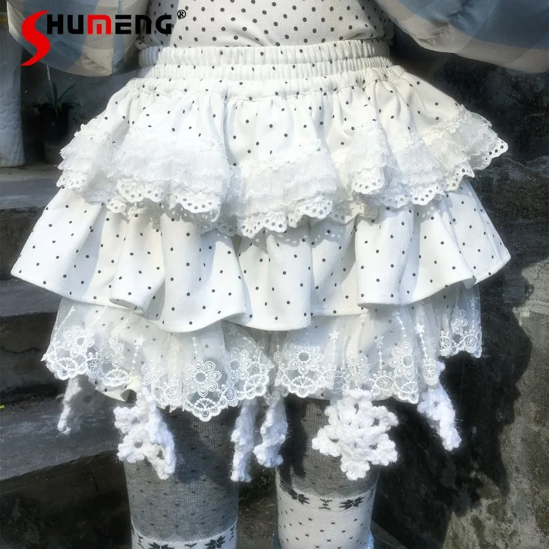 

Японская оригинальная женская мини-юбка-шорты с высокой талией, кружевная, в горошек, А-образного силуэта, многослойная, белая