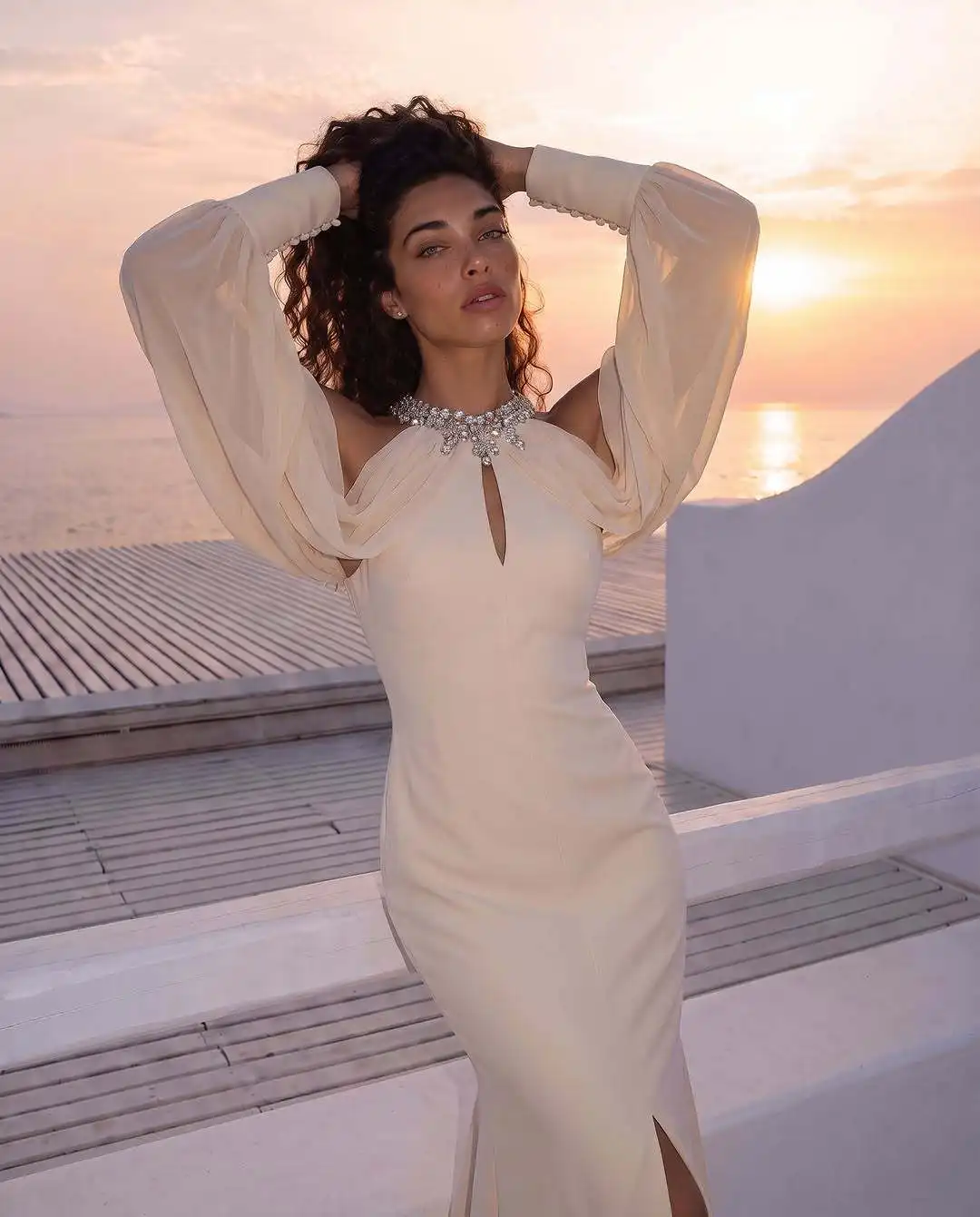 2026 Women Sexy New Sleeveless Halter Diamonds Split White Dress Party Costume Bar Nightclub Stage Performance Clothing