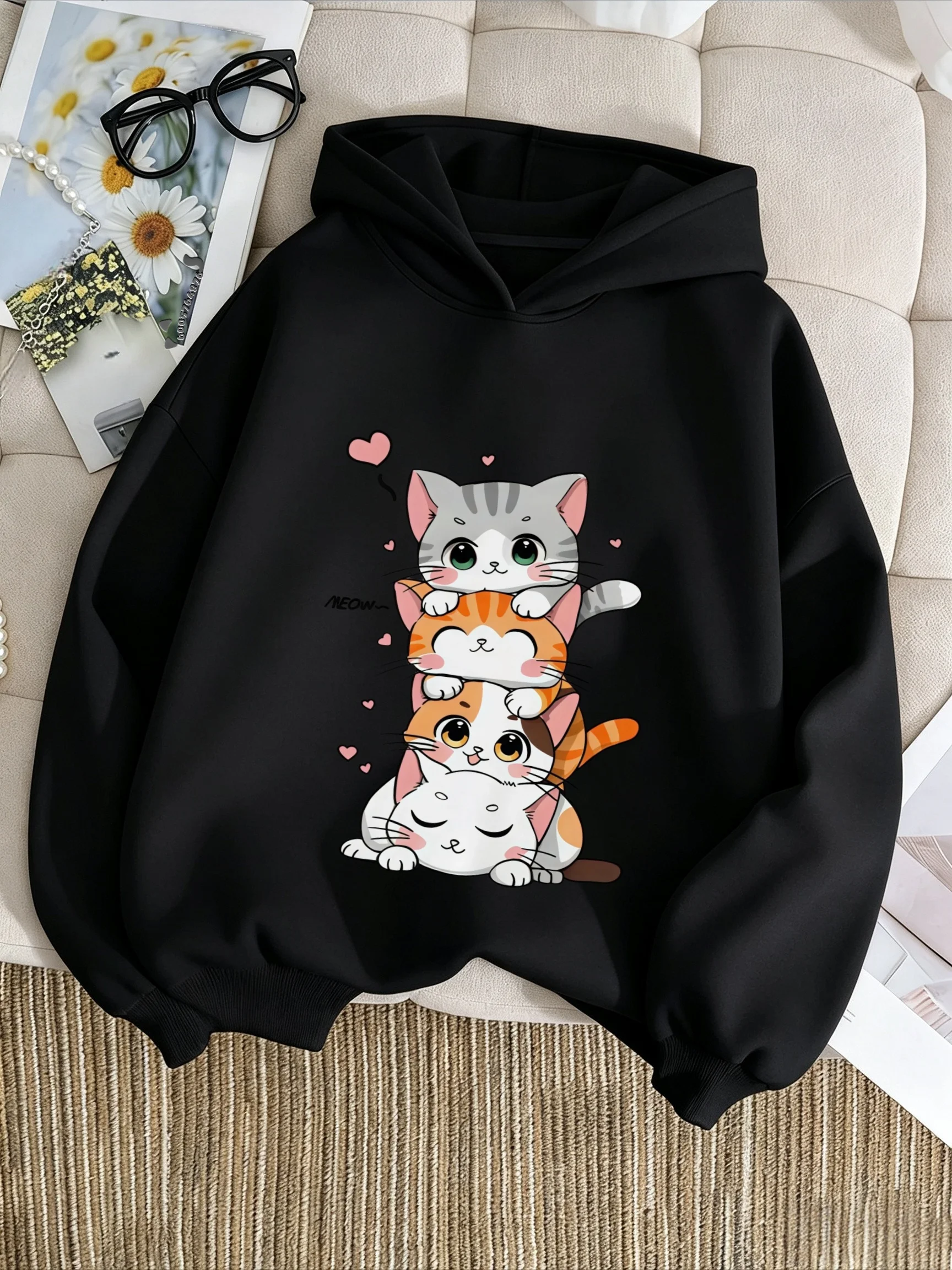 Latest cartoon cute pet kitten print children's hooded sweatshirt - large size 2K long-sleeved sports shirt