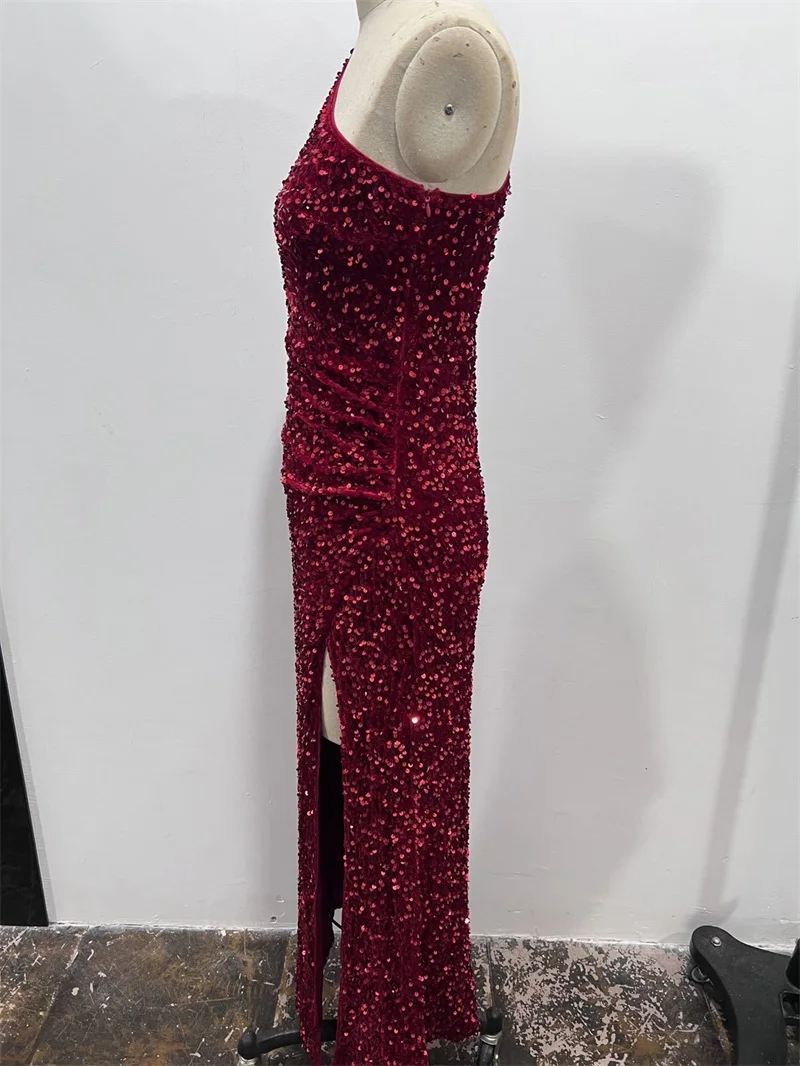 Pailletten Glitter One-Schouder Vrouwen Avondjurk Hoge Split Mouwloze Party Gown Nieuwe Meerdere Kleuren Getailleerde Prom Rok Op voorraad