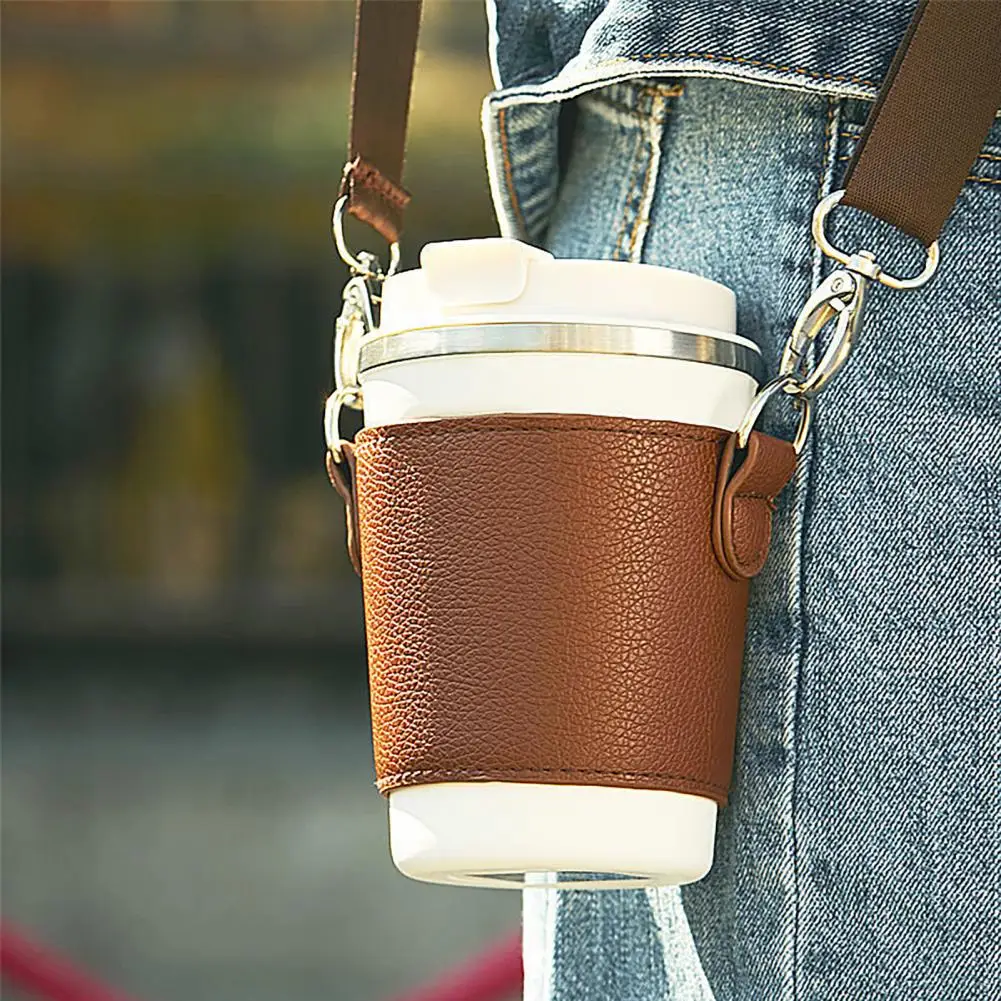 Cup Holder Bag Detachable Anti-scalding Adjustable Portable Strap Hand-Carrying Faux Leather Coffee Beverage Cup Sleeve Handbag