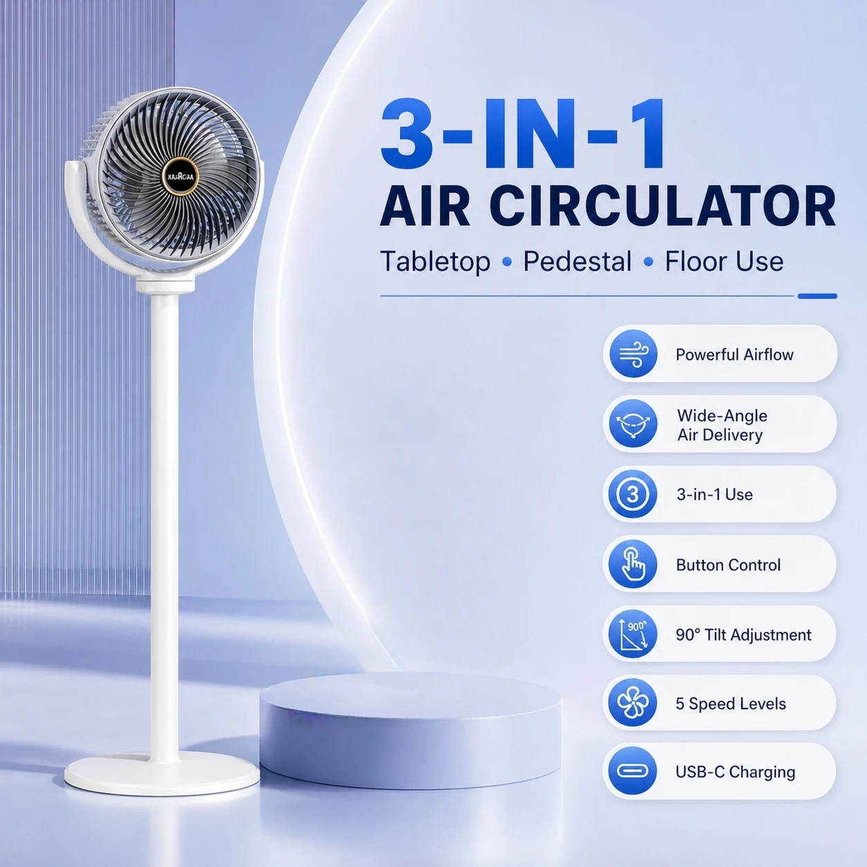 Modern 2-in-1 Floor Desk Air Circulator Fan 5 Speeds Powerful Airflow Portable USB Pedestal Fan for Home Bedroom Office