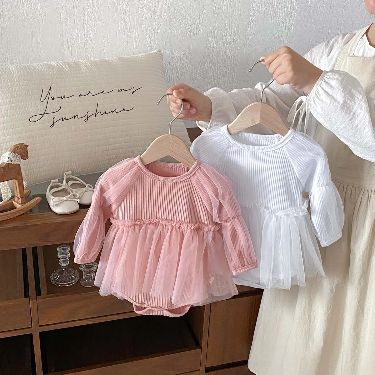Spring and Autumn Baby Girl Fashion Solid Color Mesh Bubble Long Sleeve Dress, Baby Girl Comfortable and Sweet Mesh Dress, Suit