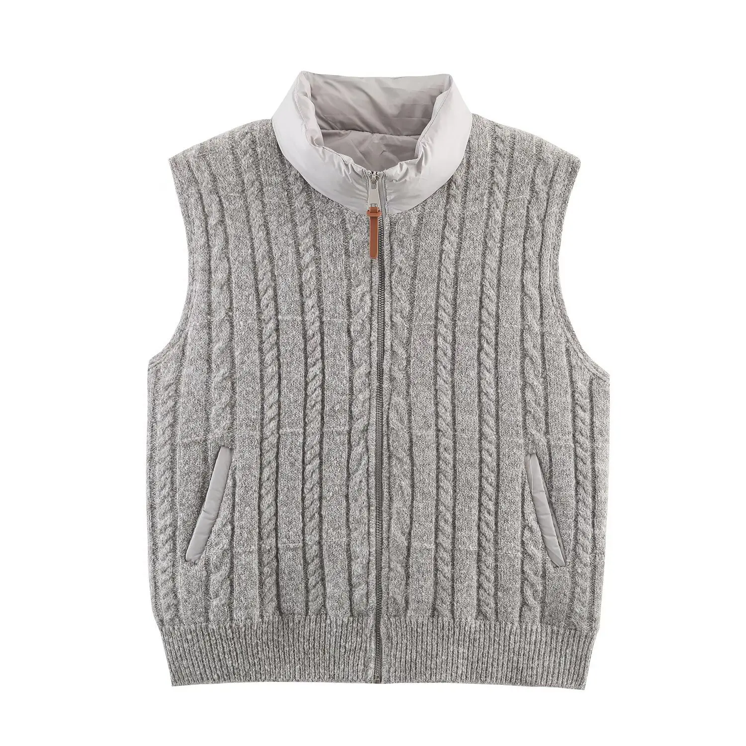 2026 유행 케이블 니트 스탠드 칼라 두꺼운 퀼팅 민소매 조끼 신상 겨울 스타일 패션 여성 조끼 탑