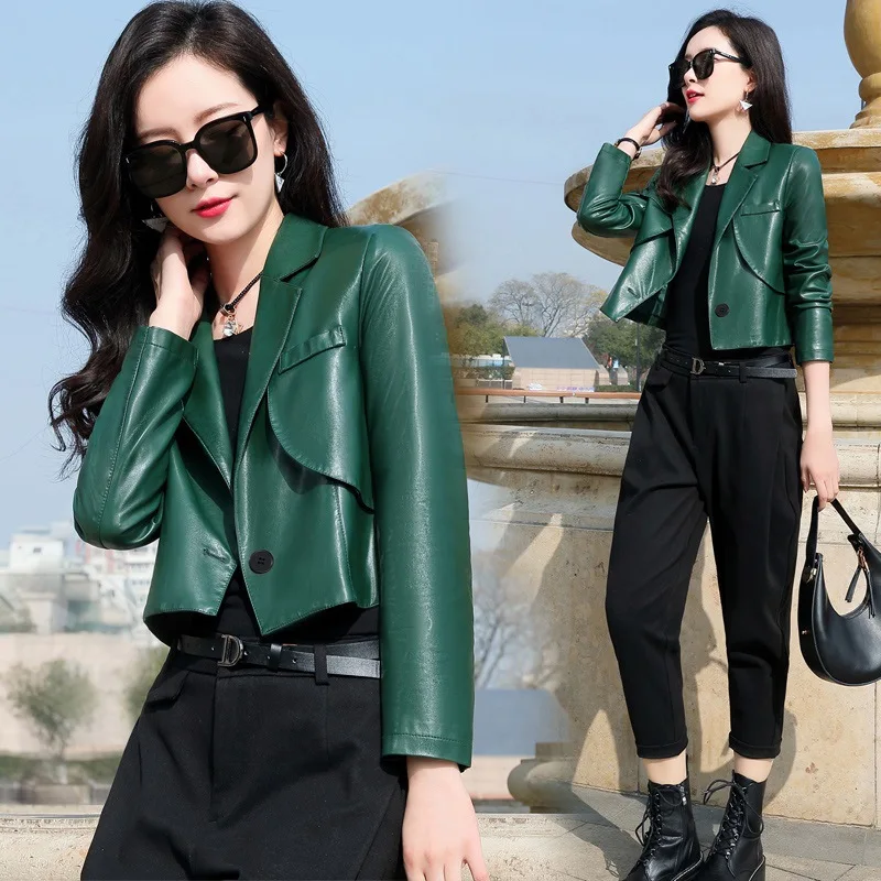 Jaqueta de couro preto roupas femininas 2025 primavera outono novo um botão emendado lapelas motocicleta curto couro do plutônio casaco feminino