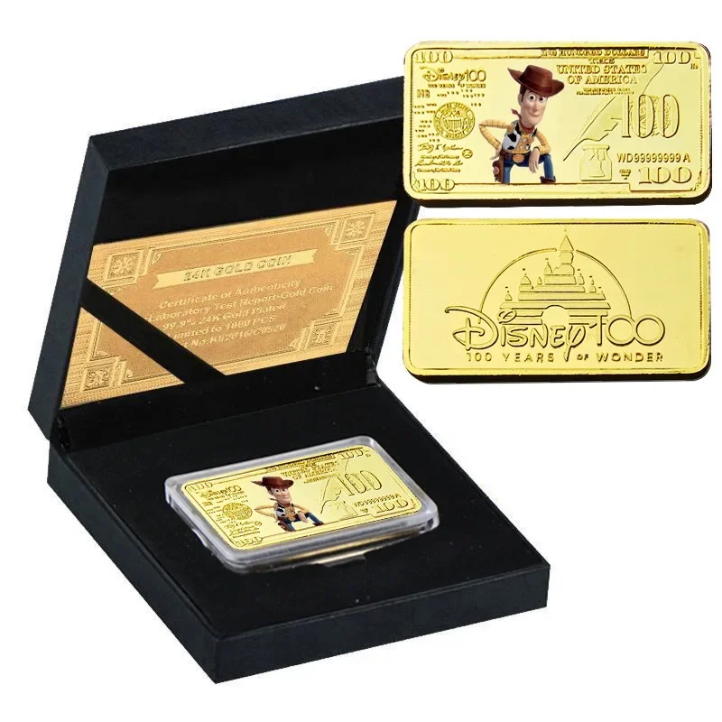 Anime Disney Cartoon Toy Story Buzz Lightyear Woody Moneta placcata in oro $ 100 Gold Bar Metal Card Badge Collezione Regali