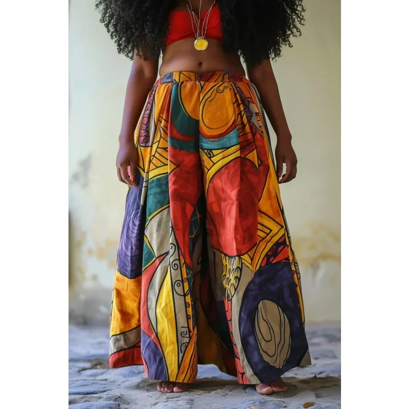 

Большие размеры, новые женские эластичные брюки на талии, свободные повседневные широкие брюки с принтом, тонкие женские эластичные брюки