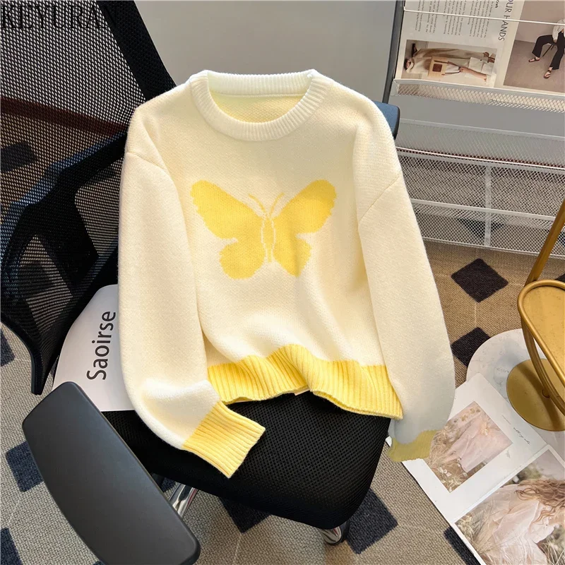 Yellow Bufferfly Jacquard Knitted Pullover Sweater Women Korean Fashion Chic O Neck Long Sleeve Soft Knitwear Tops Ladies Jumper