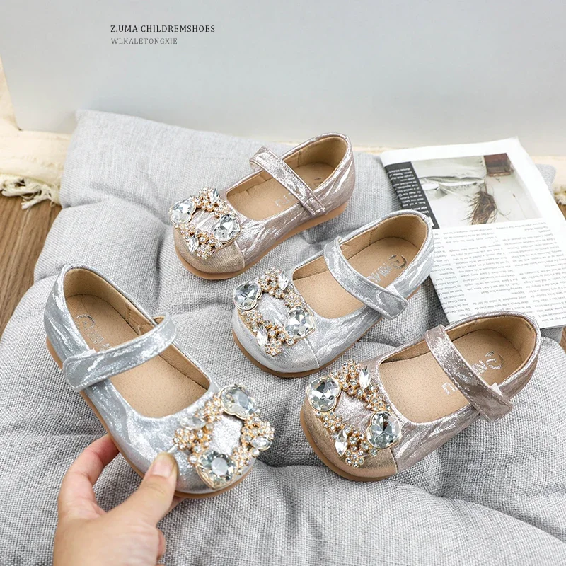 

Children's Leather Shoes Luxury Rhinestone Girl Princess Shoes Sequins Patchwork New Kids Causal Fashion Flat Shoes Silver Gold