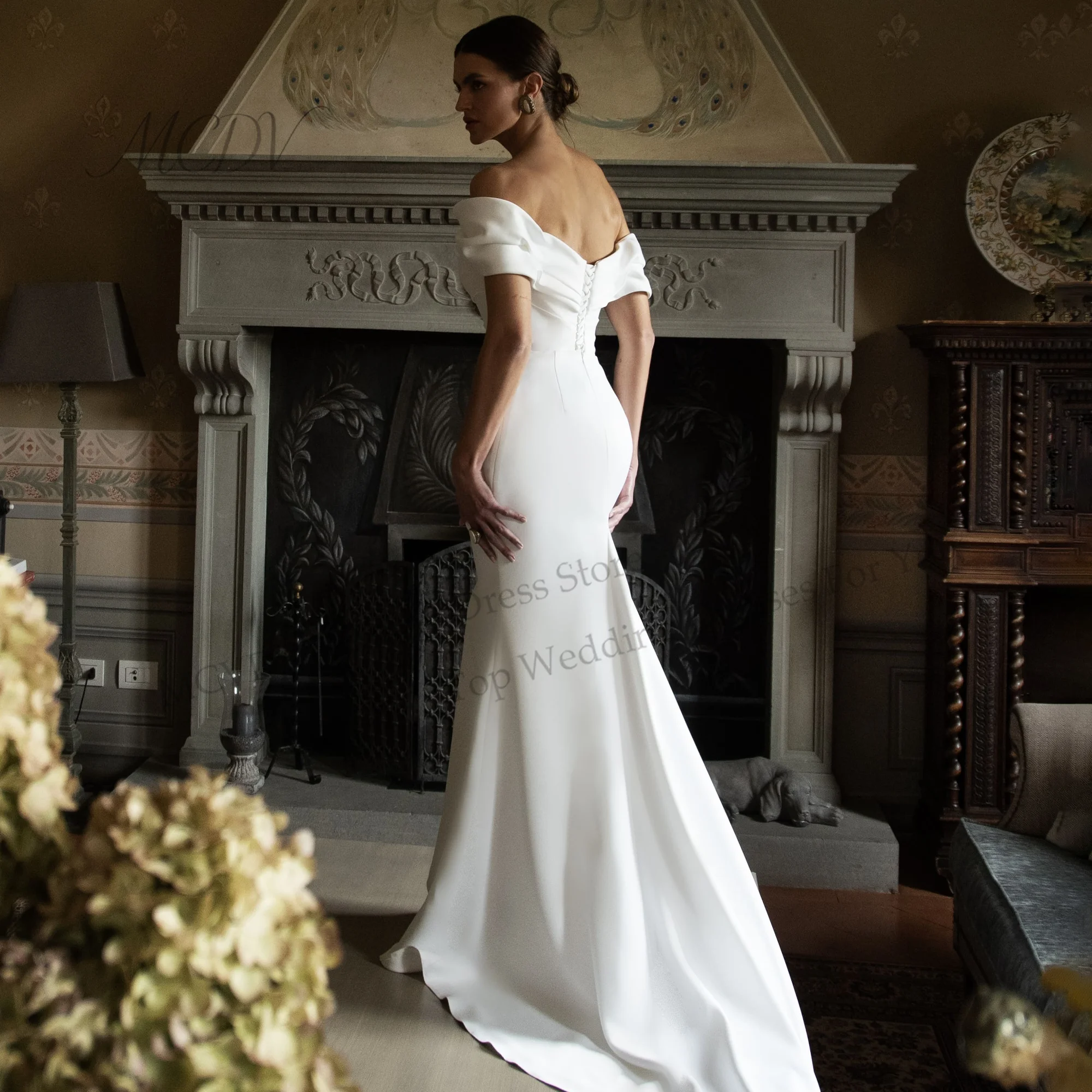 Elegante Off Shoulder Wedding Dress Satin Mermaid Small Train Backless Wedding Dresses Bride Vestido De Novia Customized