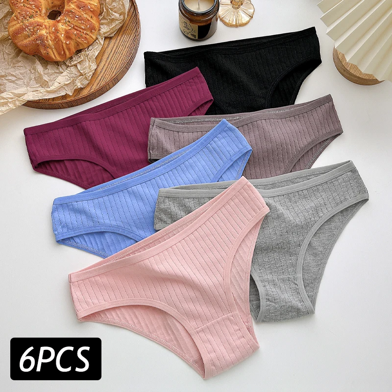 6PCS/Set Women's Cotton Panties Sexy Low Rise Briefs Ribbed Soft Lingerie Female Solid Color Underwear Plus Size S-7XL Underpant