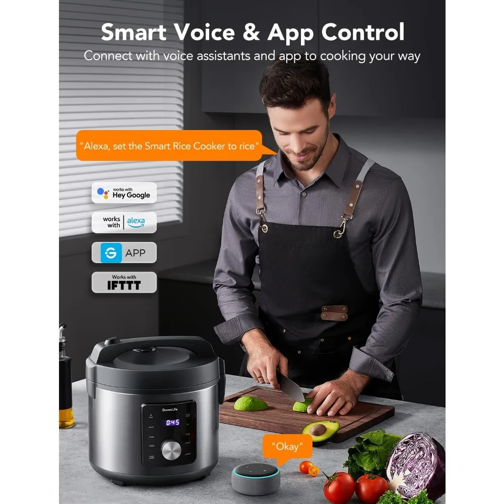 Olla arrocera inteligente, olla arrocera multifuncional 6 en 1, calentador de alimentos, 1000 W, 10 tazas crudas de 5,2 cuartos, incluida 33 aplicaciones de recetas
