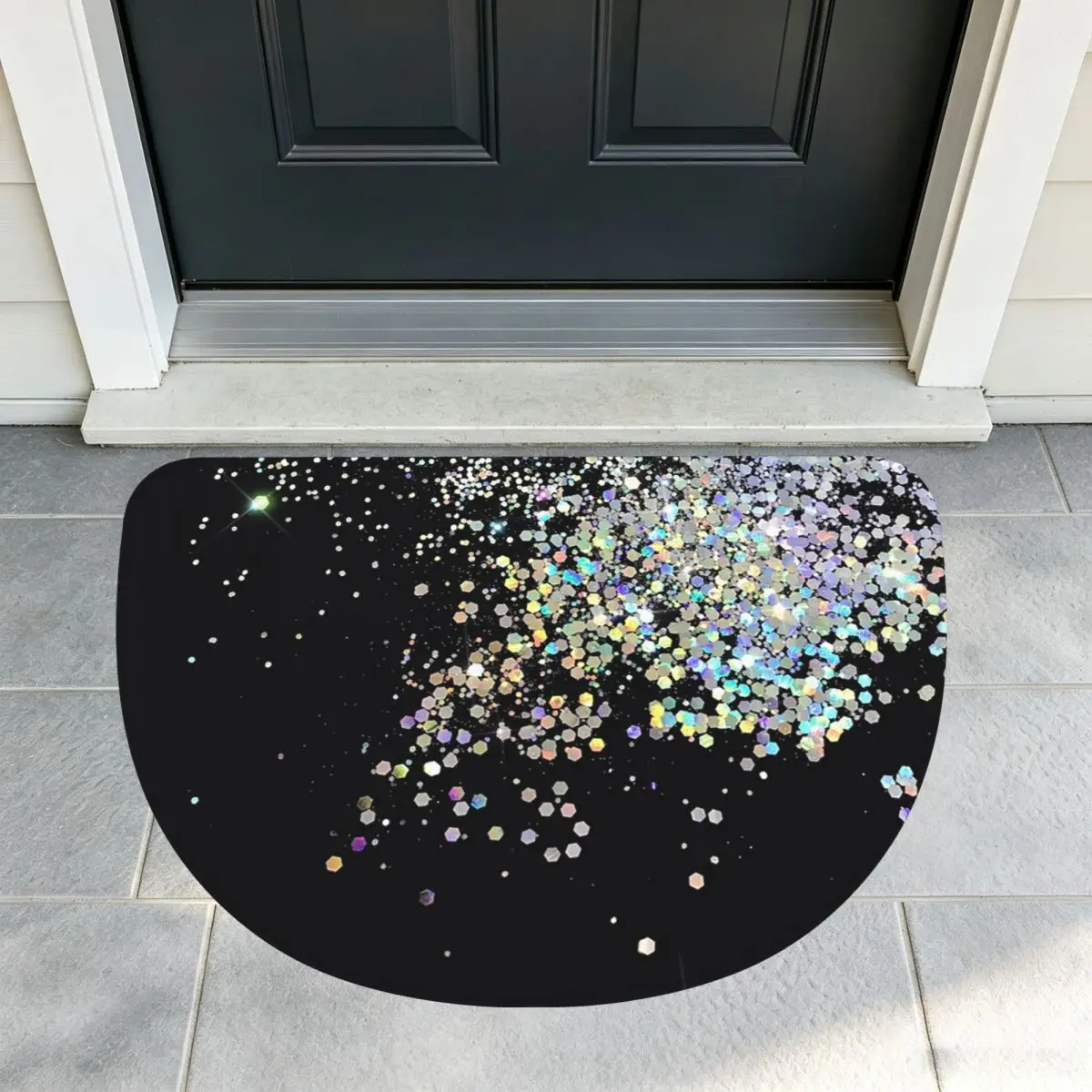 Black And Holographic Sparkle Soft Flannel Half Round Doormat Non Slip Bathroom Mat Absorbent Floor Carpet for Home Bedroom