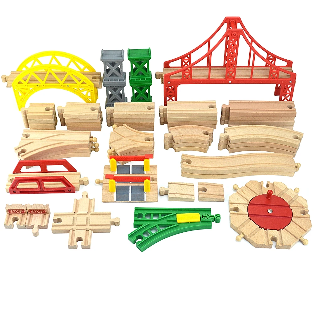 Faixas de madeira brinquedos ferroviários faia trem de madeira pista ferroviária ponte cais peças caber biro todas as marcas pista brinquedo educativo para crianças