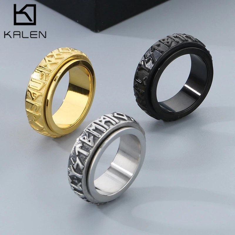 KALEN Vintage Stainless Steel Turnable Men's Ring Punk Letter Finger Rings Trendy Jewelry Charms Aniols Accessories Gifts