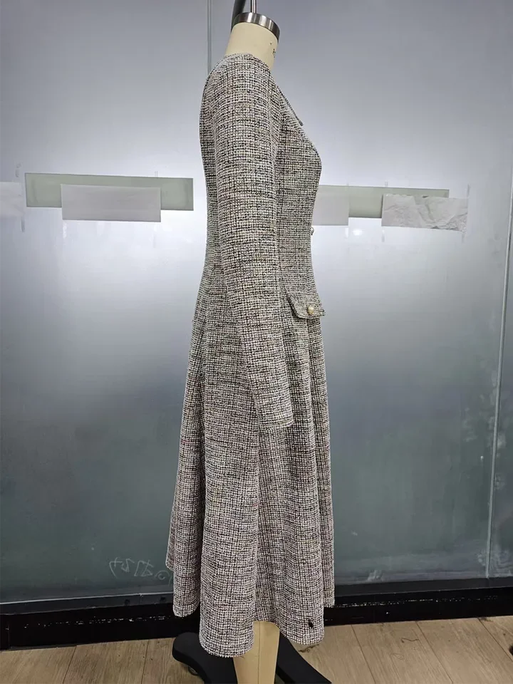 

2026 Fashion Style Long Sleeve Notch Front A-Line Dress for Women's Clothing Temperament Commuting Female Elegant Dresses