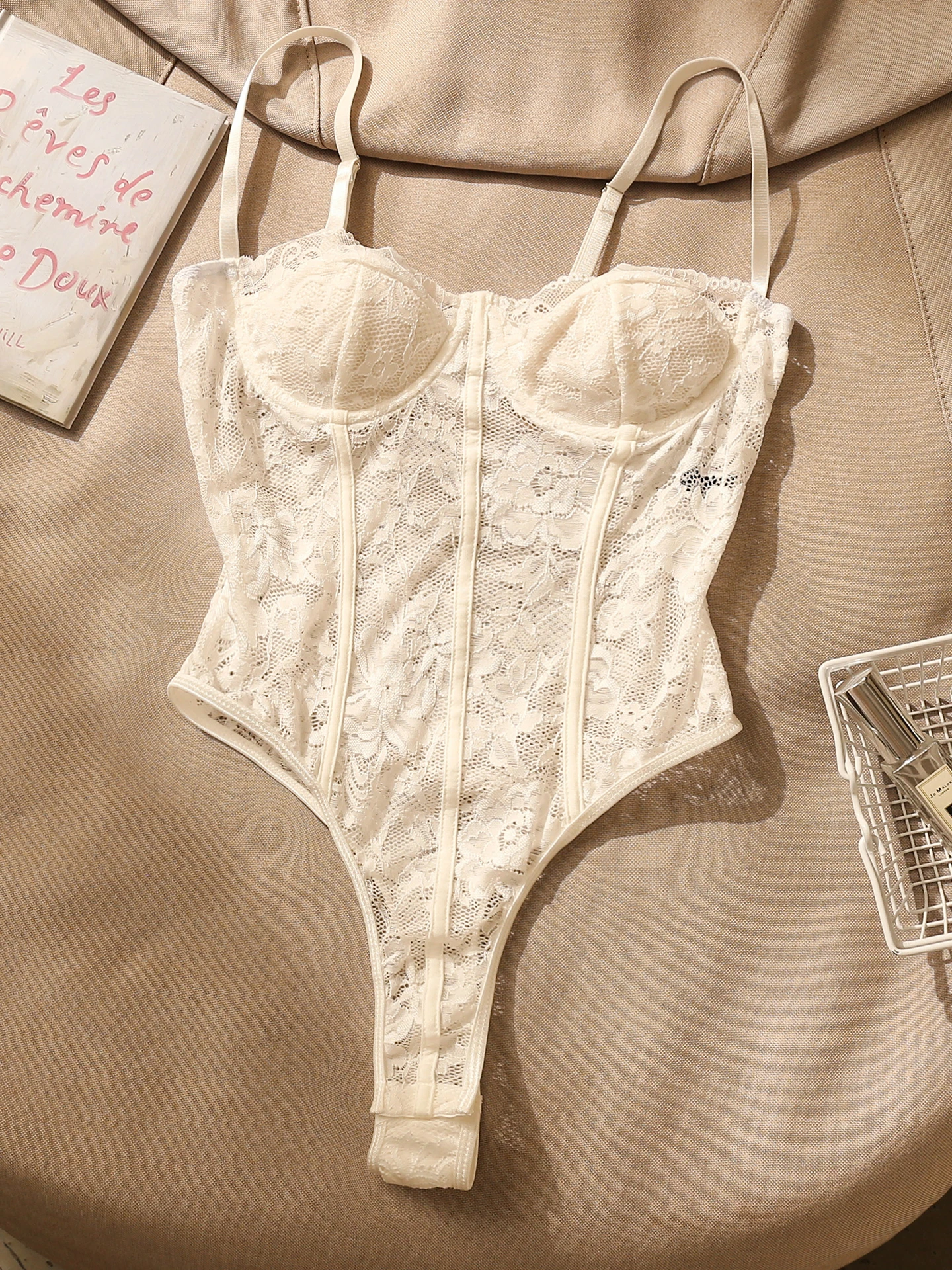 

Pure Desire White Lace Strap Jumpsuit Women's Sexy Spicy Girl Waist a Slimming Hollow out Base Top Underwear