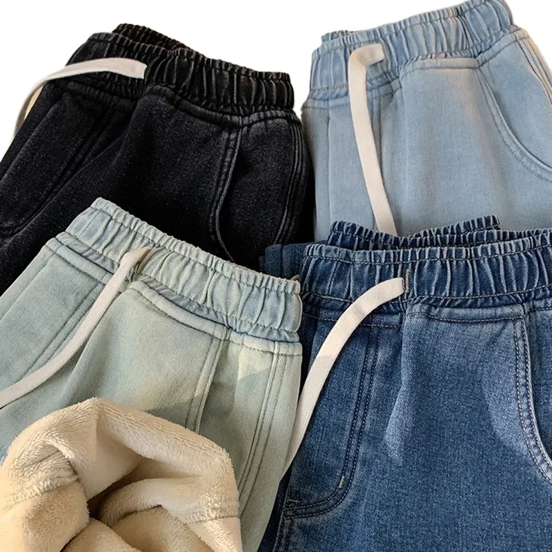 

Men New Autumn Winter Loose Straight Jeans Male Casual Fleece Lined Thickened Denim Pants Elastic Waist High Street Trousers