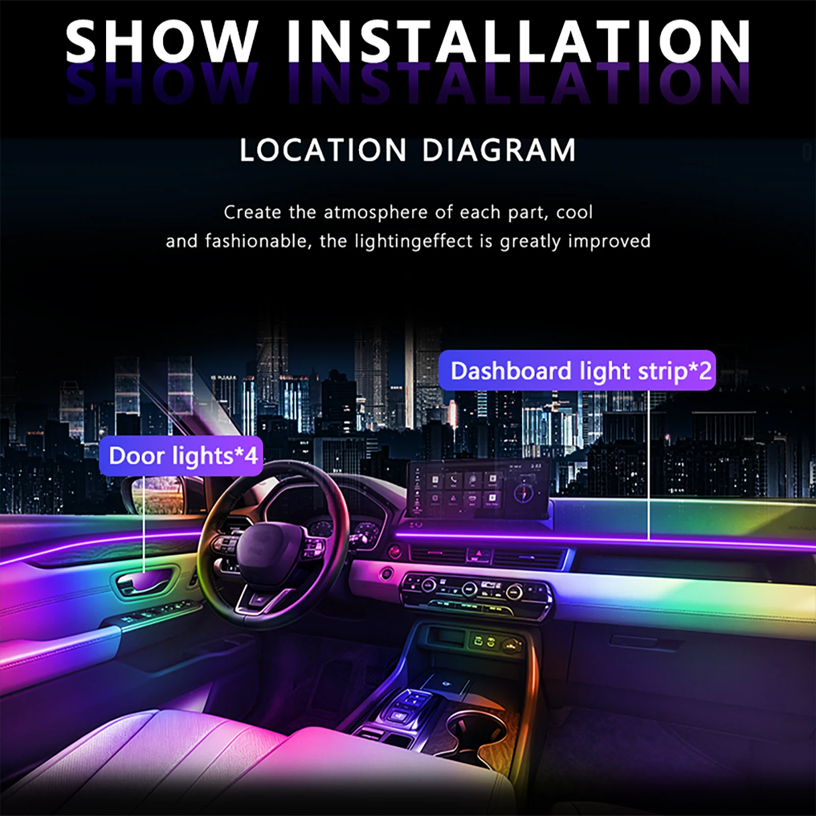 6-in-1-Rainbow Car Interior Lighting equipment, Interior LED Ambient Light Strip, Suitable for Honda Accord Hybrid 2014-2016, Application Control, Supports APP Control, Music Mode, Frequent Mode Switching Does Not Affect Stability