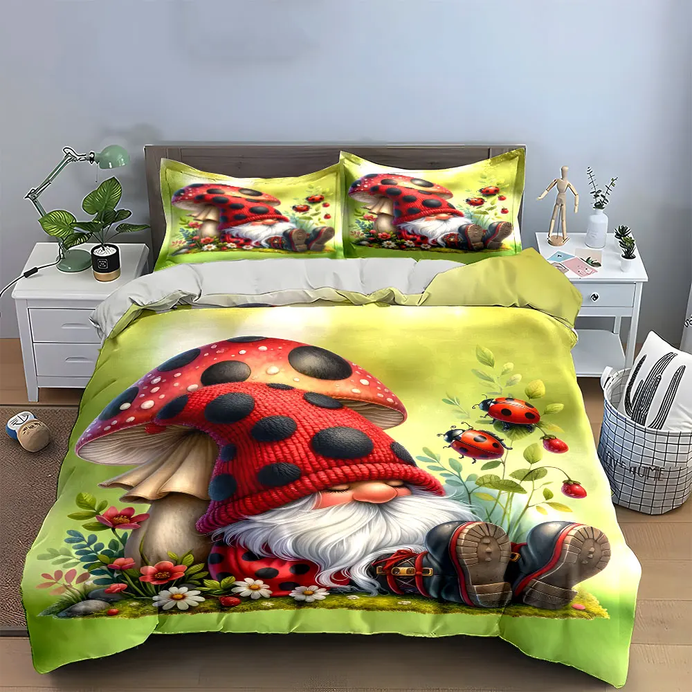 Garden Gnome Mushroom Set Decor Soft Skin-Friendly Bedding Set Includes 1 Duvet Cover And 2 Pillowcase, Gift