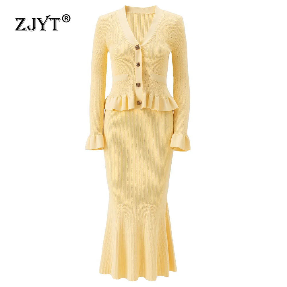 

ZJYT Women's Knitted Dress Set 2 Piece Autumn Winter New Flare Sleeve Sweater and Long Trumpet Skirt Suit Elegant Female Outfit