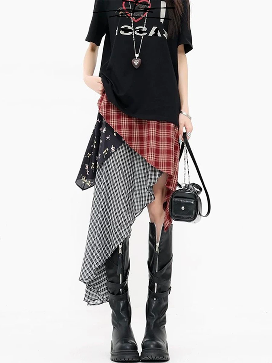 RORORIRI American Vintage Skirts Plaid Irregular Patchwork Zipper High Waist Skirt Y2k Harajuku Streetwear Midi Length A Line