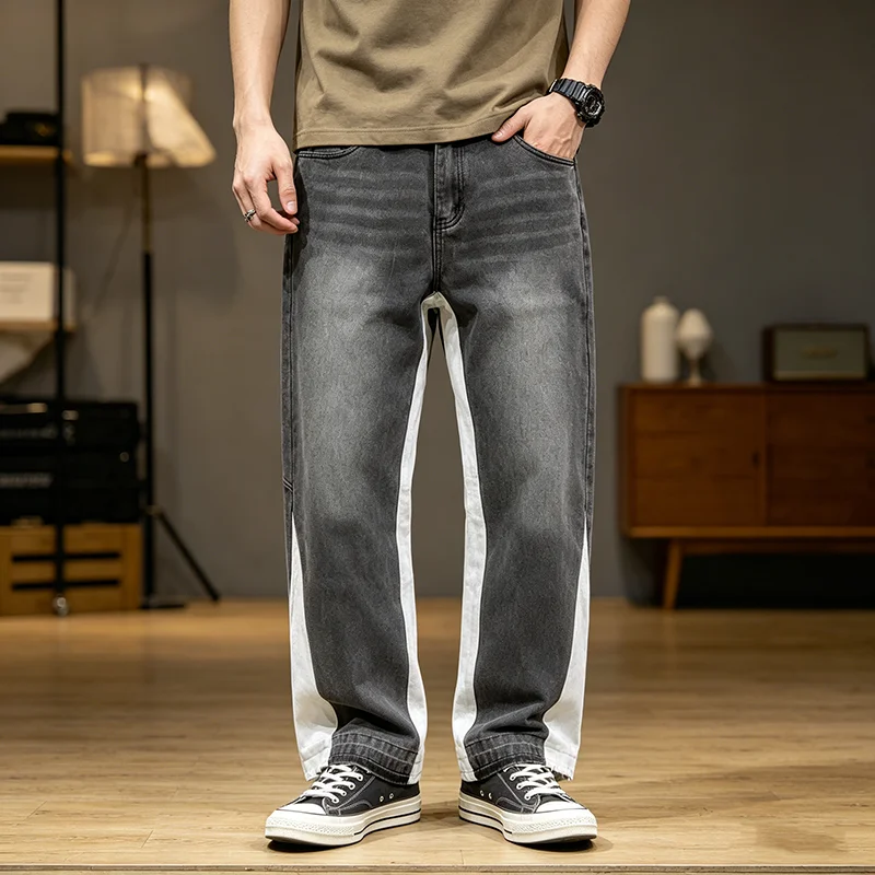 

Men's Summer Fashionable Retro High Street White Splicing Design Casual Loose Jeans Street Style Splice Loose Pants
