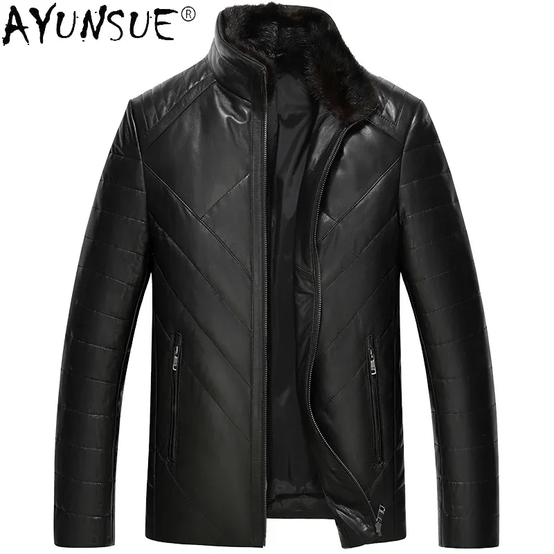 AYUNSUE 2025 Short Genuine Sheepskin Leather Jacket Male Winter Real Mink Fur Collar White Duck Down Coat Men Veste Homme Gxy774
