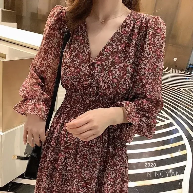 Floral Dress Women's Chiffon Mid-Length Retro Printed Dress New Style Woman Dress Vestido De Mujer Femme Robe