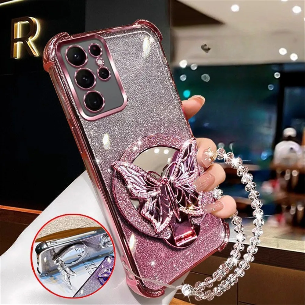 Kristallarmband Glitzer Schmetterling Spiegel Standhülle für Samsung S26 S25 S24 S23 S22 S21 Plus FE Ultra Edge Stoßfeste Hülle