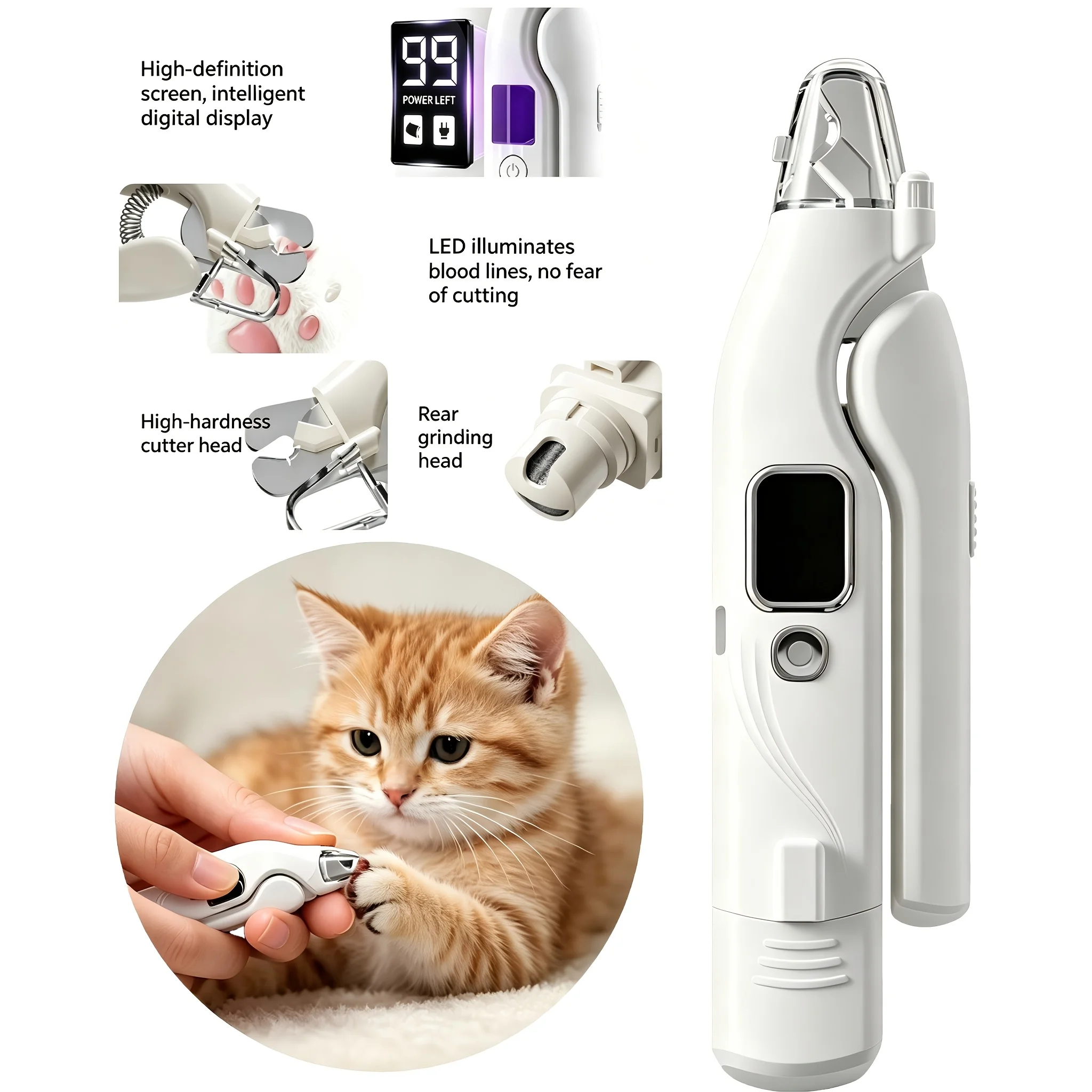 Rechargeable 2-in-1 Pet Nail Clipper and Grinder, Combining Trimming Filing Functions. Equipped with LED Lighting