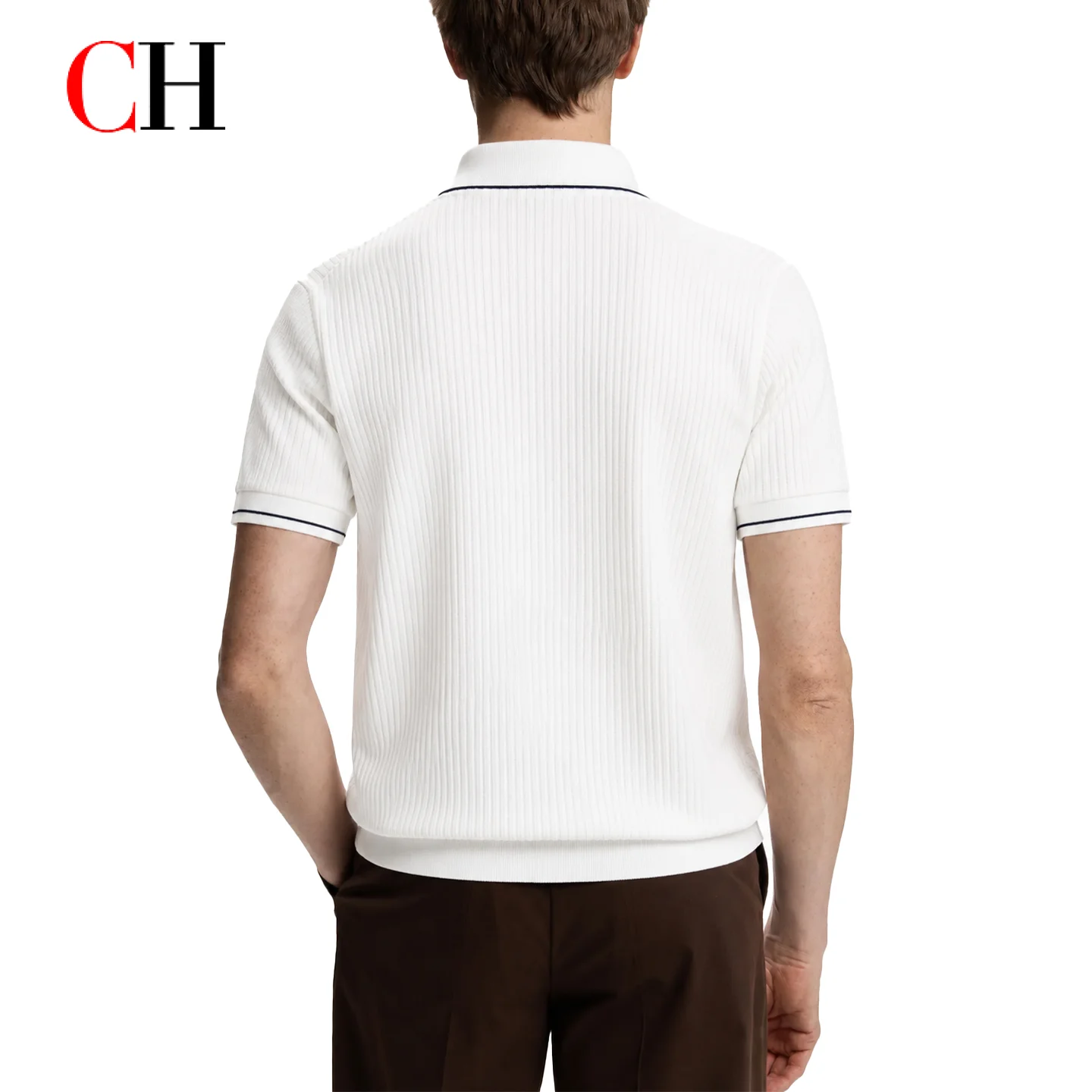 CH Men Classic Vertical Ribbed Knit Polo Shirt Tipped Collar Cuffs Mini Embroidery Smart Casual Daily Commute Wear