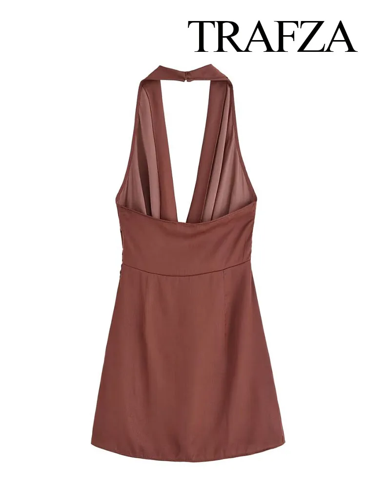TRAFZA Women's Summer Sexy Gold Inlaid Halter Neck Deep V Collar Backless Dress Female Elegant Sleeveless Party Slim Mini Dress