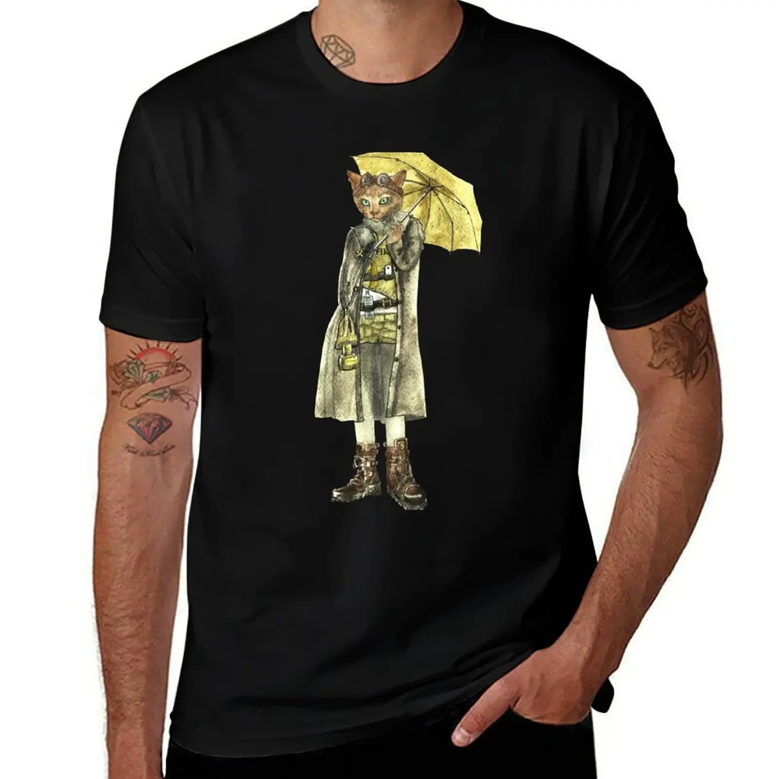 Steampunk Yellow Umbrella Cat T-Shirt for a boy funny gifts fashion shirts oversized graphic tee oversized t shirt men