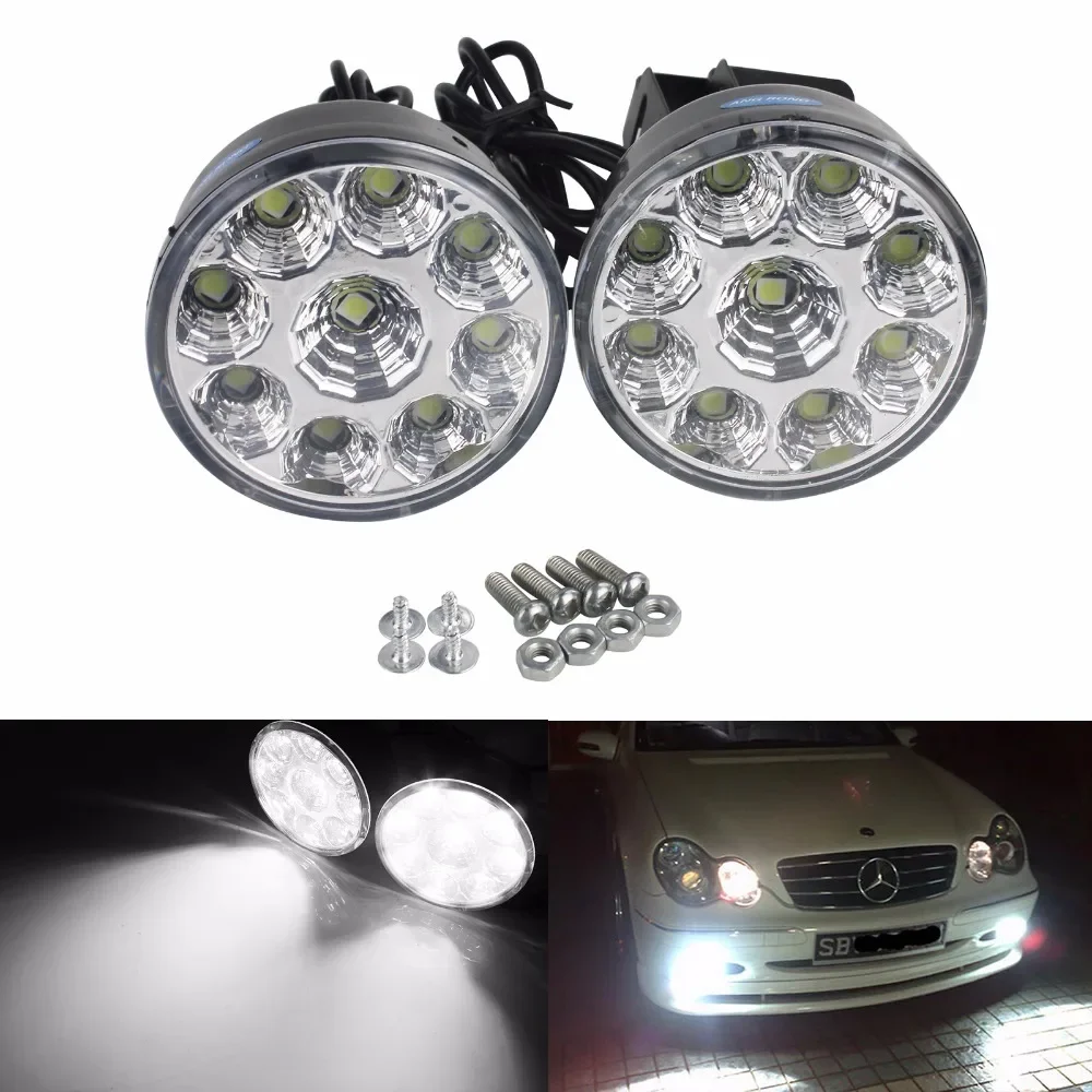1 Pair 9 LED White Round Ø70mm 7cm Car Day Time Running Lights DRL Lamp Super Bright Driving Headlight Decorative Bulb 12V