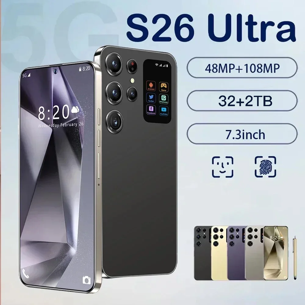 New S26 Ultra 7.3HD Mobile Phones Original Smartphone 5G Dual SIM Android 14 Cell Phone 8000mAh 108MP Global Version Cellphones