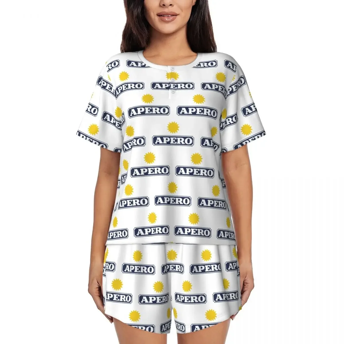 Aperitif Apero Camisón de manga corta con cuello redondo para dormir, camisones para mujer, conjunto de pijama holgado, pantalones cortos