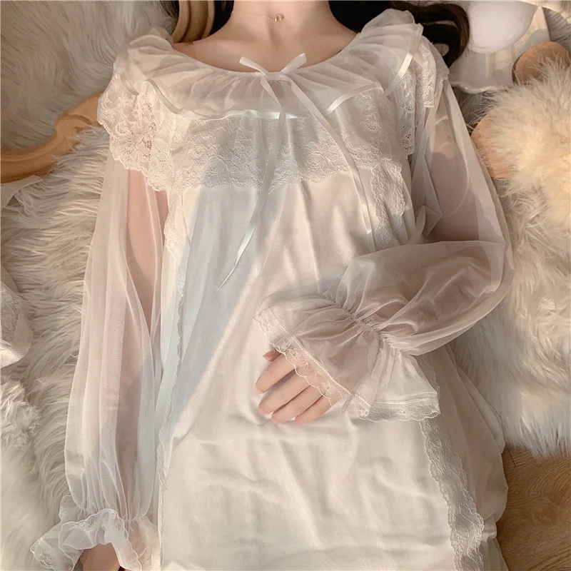 Women Lolita Dress Princess Sleepwear White Lace Mesh Fairy Night Dress Victorian Vintage Nightgown Kawaii Nightdress Loungewear