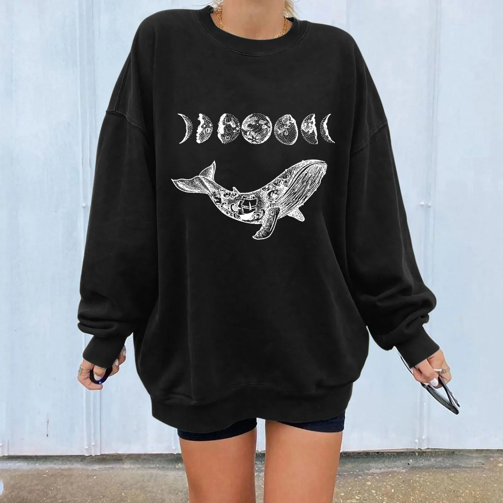 Vintage Women Hoodies Sweatshirts Whale Moon Print Drop-shoulder Long Sleeve Loose Sweatshirts Graphic Sport Top Clothes Moletom