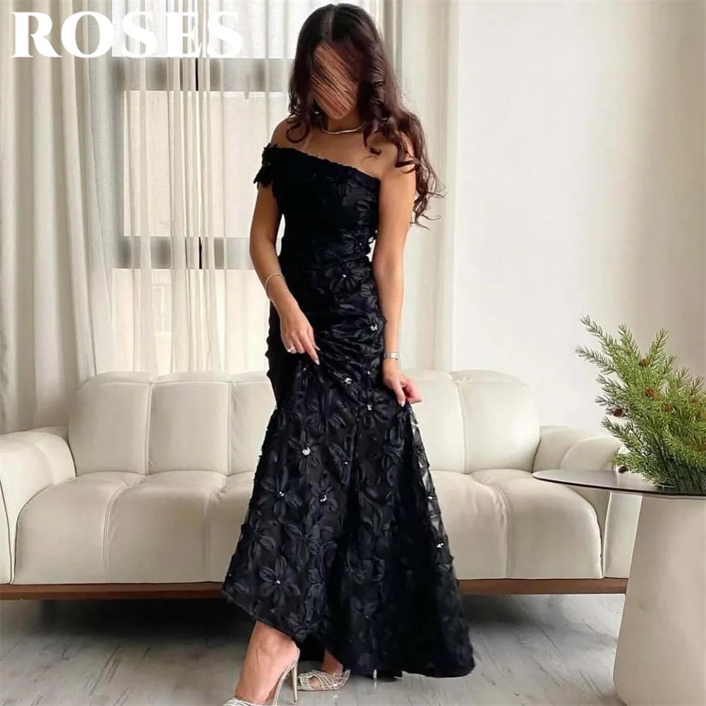 

ROSES Black Glitter Mermaid Elegant Wedding Party Dress with Appliques Celebrity Dress One Shoulder Occasion Dress Customized