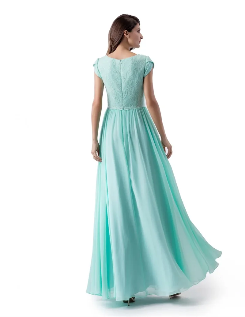 Mint Green A-line O-Neck Long Modest Prom Dress With Cap Sleeves New Lace Chiffon Floor Length Modest Bridesmaid Dress