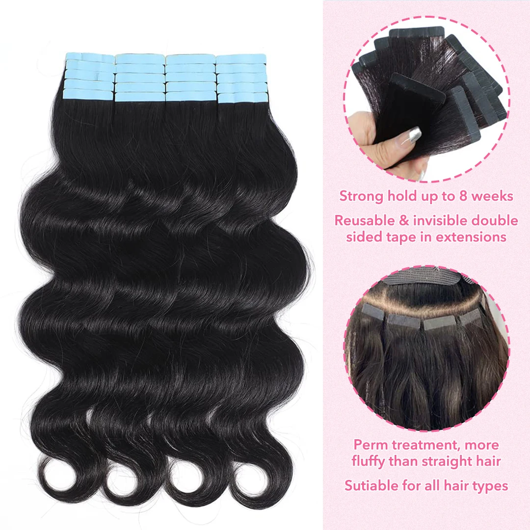 20szt 50g PU Tape in Hair Extensions Human Hair Body Wave dla kobiet 20Inch Natural Black Tape ins Hair Extensions Virgin Hair