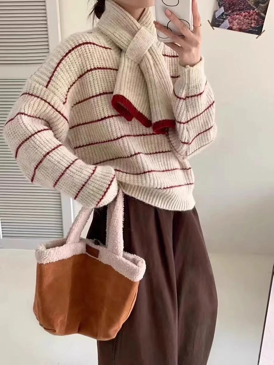 

Cisas Aosphere Stripe Red Knitted Sweater Women's Autumn Winter Lazy Sle Loose Top with Scarf Commute Sle Thiened...