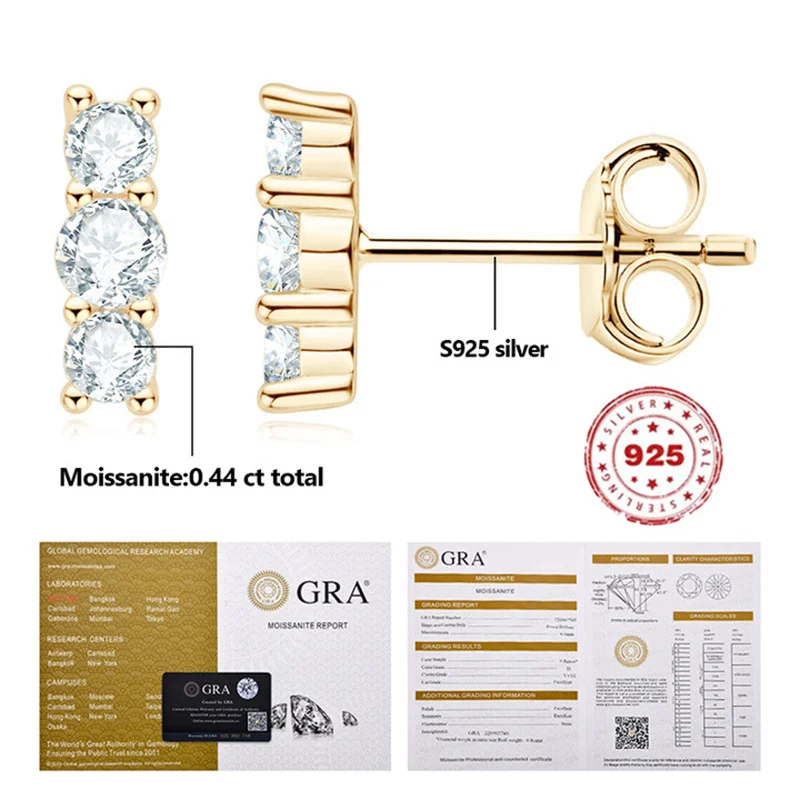 S925 Sterling Silver 3 Stone 0.44ct D Color Moissanite Stud Earrings For Women Plated 18K Gold Holiday Gift With GRA Testify