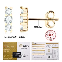 S925 Sterling Silver 3 Stone 0.44ct D Color Moissanite Stud Earrings For Women Plated 18K Gold Holiday Gift With GRA Testify