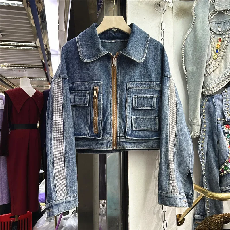 

Fashion Diamond Long Sleeve High Waist Short Blue Denim Jacket Spring Casual Lapel Big Pocket Zipper Jeans Jacket Female Coat