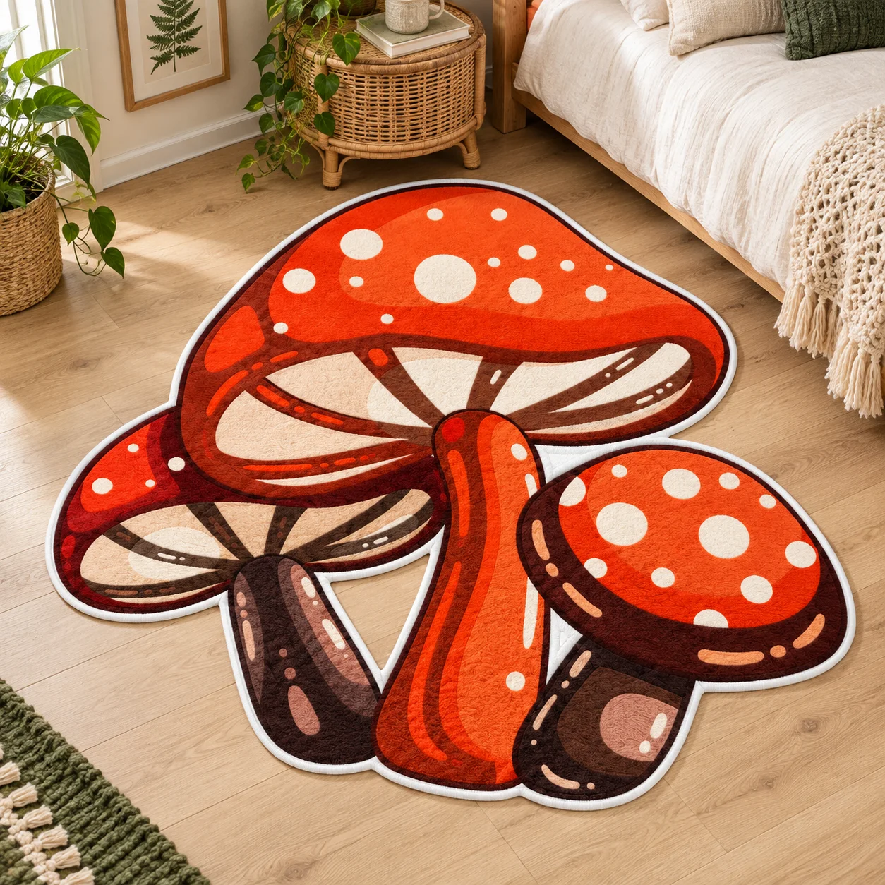 Red Mushroom Cluster Shaped Area Rug, Soft Flannel Floor Mat for Kitchen, Living Room, Bedroom, Entryway and Cottage Home Decor